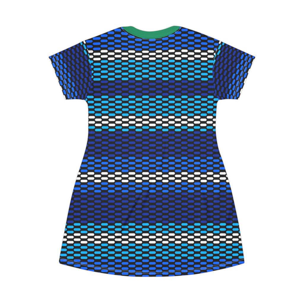 Blue Green Woven Stripe T‑Shirt Dress – All‑Over Print Casual Shift Dress