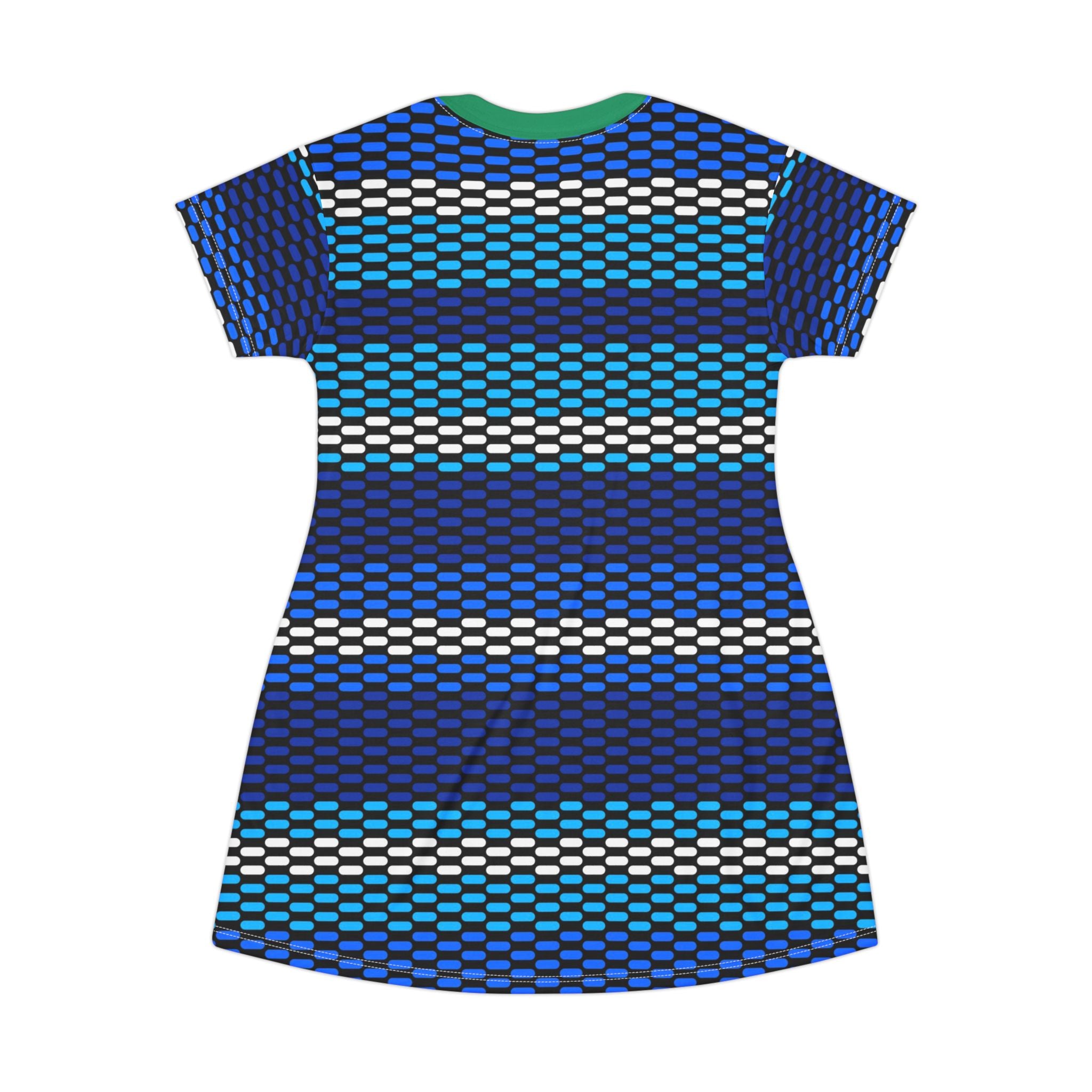 Blue Green Woven Stripe T‑Shirt Dress – All‑Over Print Casual Shift Dress