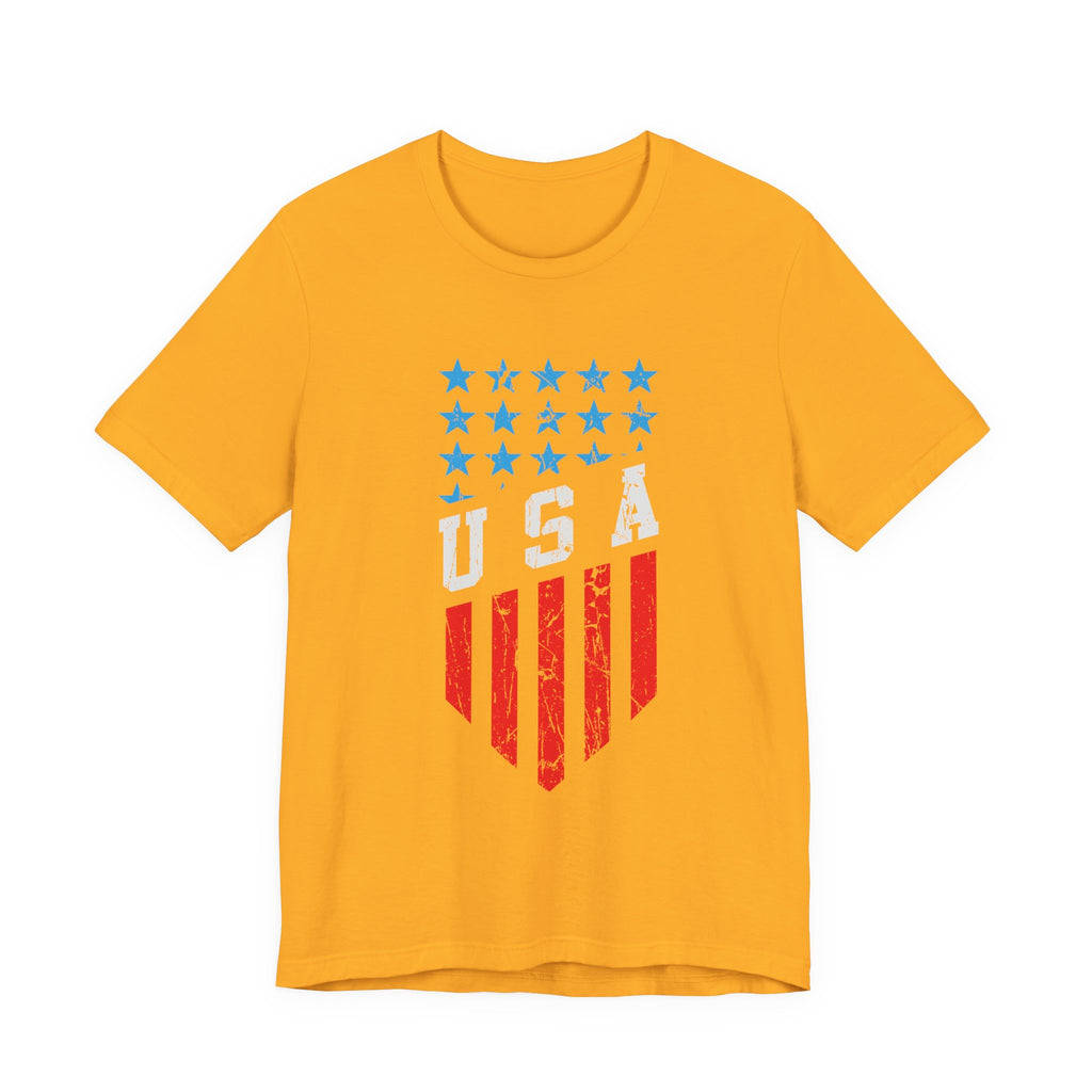 Yellow t-shirt with USA graphic design on a white background