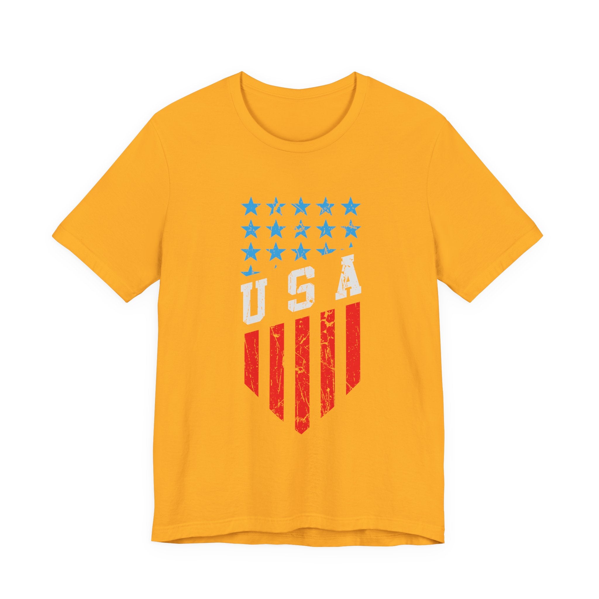 Yellow t-shirt with USA graphic design on a white background