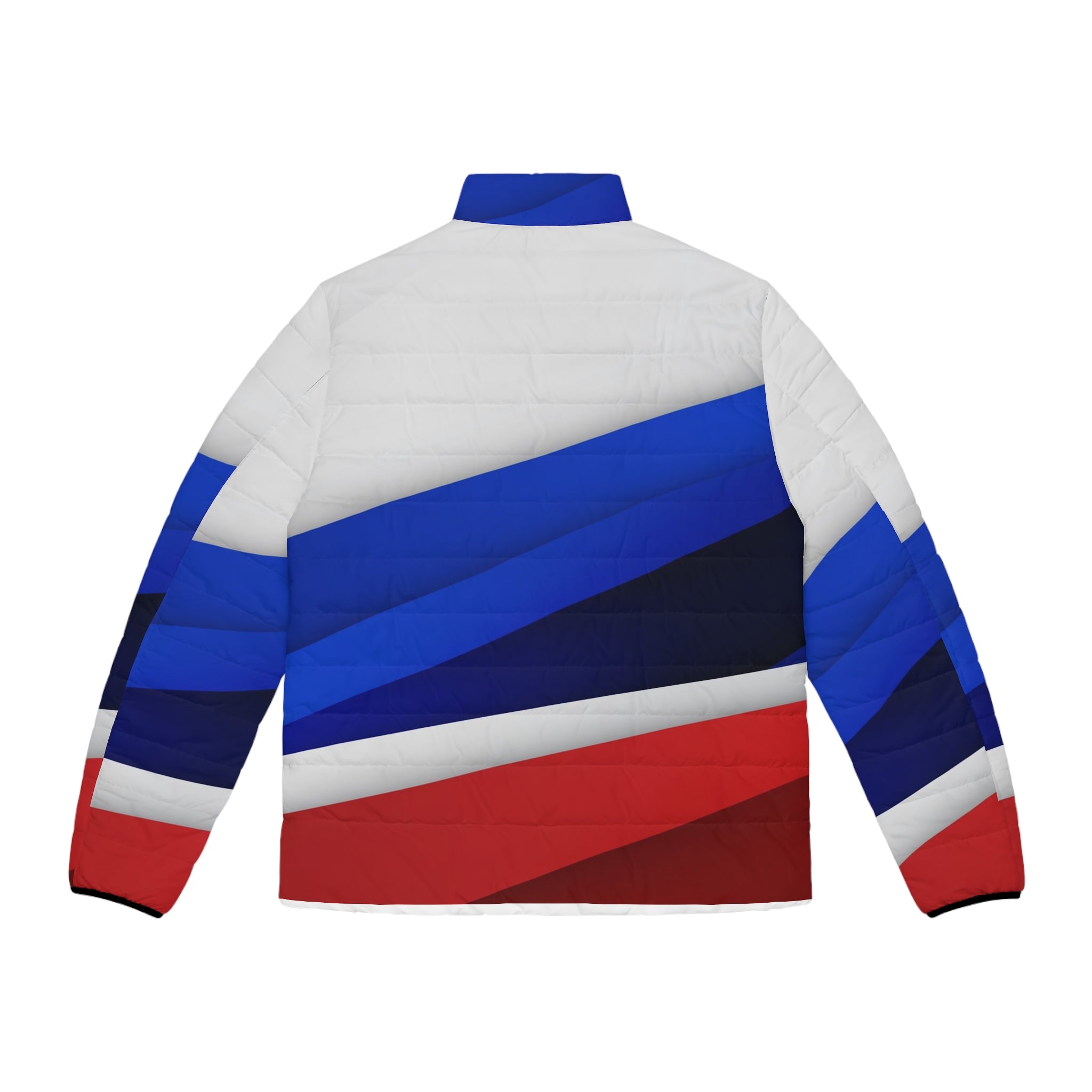 Men's Colorblock Puffer Jacket — Red, White & Blue Diagonal Stripe
