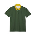 A short-sleeve polo shirt in dark green with a contrasting yellow collar and white buttons, displayed on a clean white background.