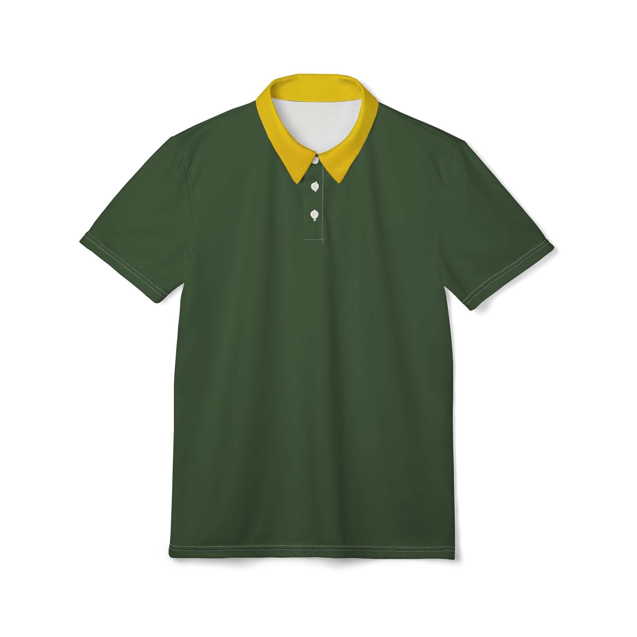 A short-sleeve polo shirt in dark green with a contrasting yellow collar and white buttons, displayed on a clean white background.