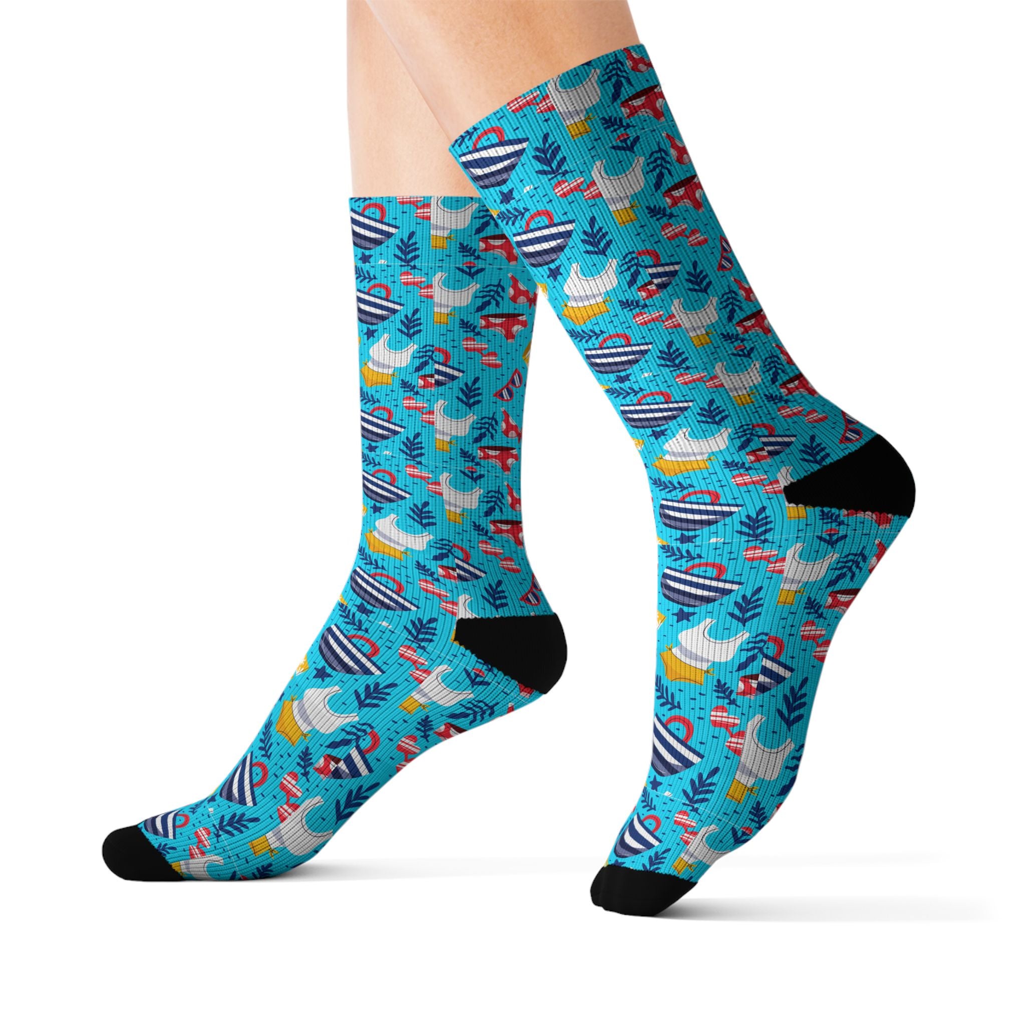 Blue Tropical Flamingo Socks – Sublimation Crew Socks with Palm Leaves & Hibiscus Print