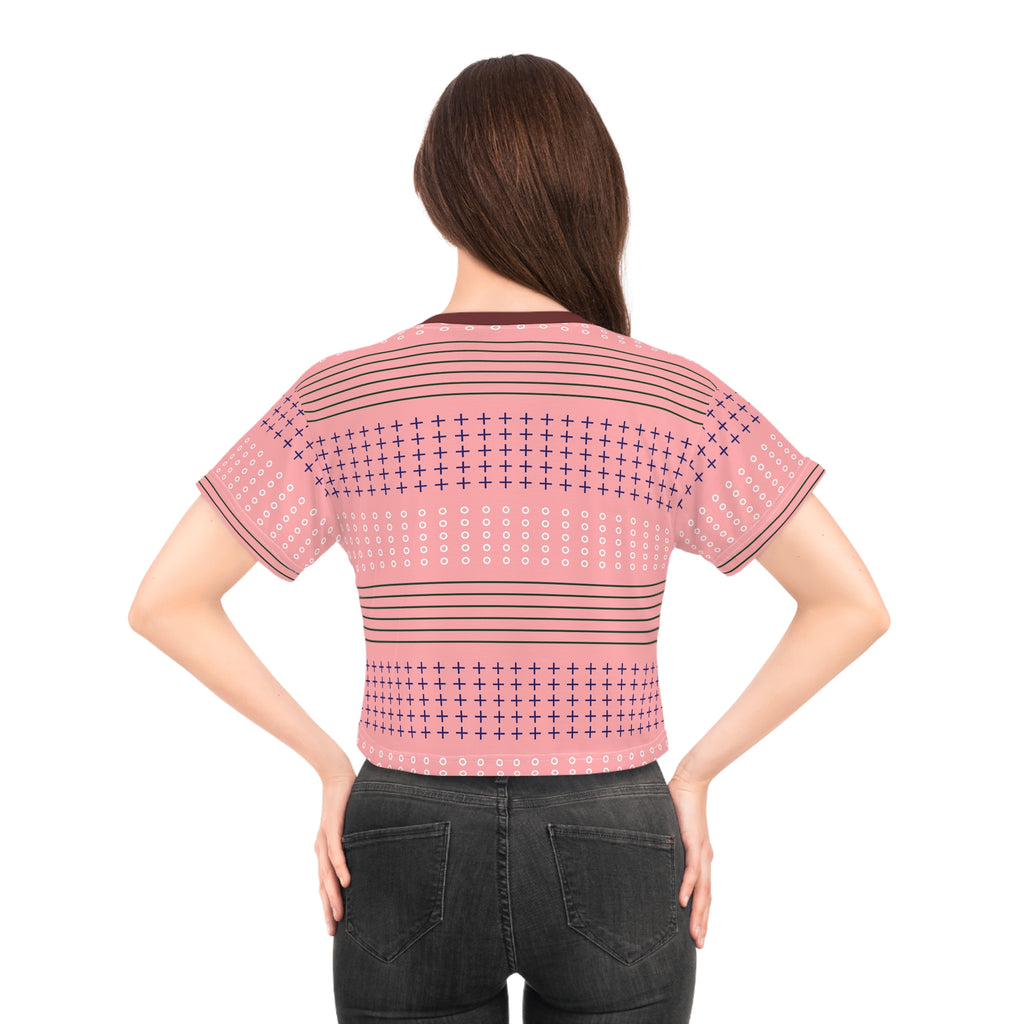 Pink Geometric Crop Tee — Retro Stripe & Cross Pattern Crop Top