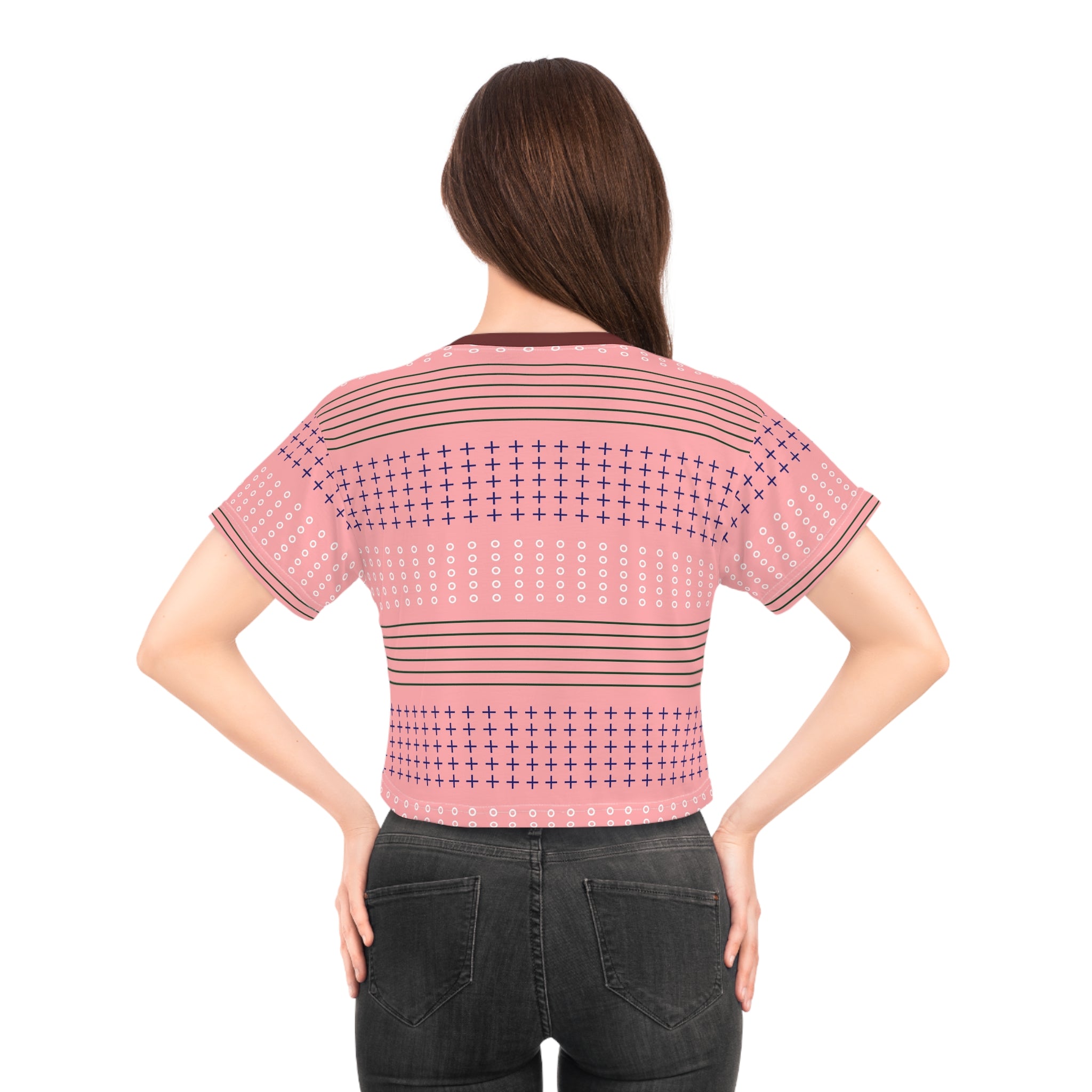 Pink Geometric Crop Tee — Retro Stripe & Cross Pattern Crop Top