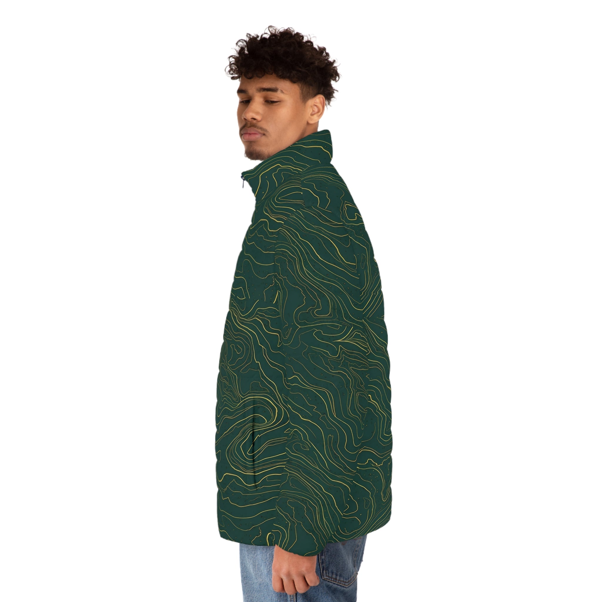 Topographic Line Pattern Puffer Jacket | Green Contour Map Design
