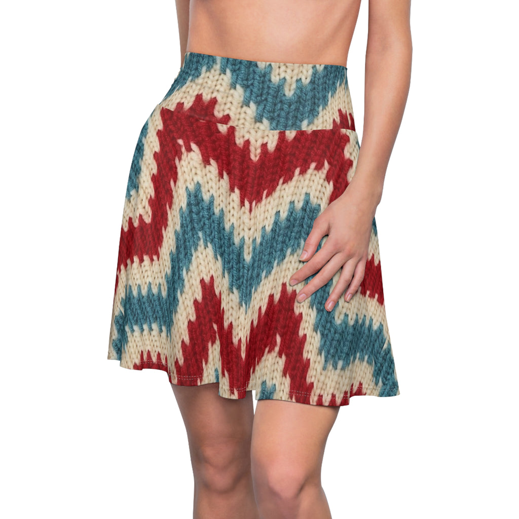 Red Blue Knit Chevron Skater Skirt | All-Over Print