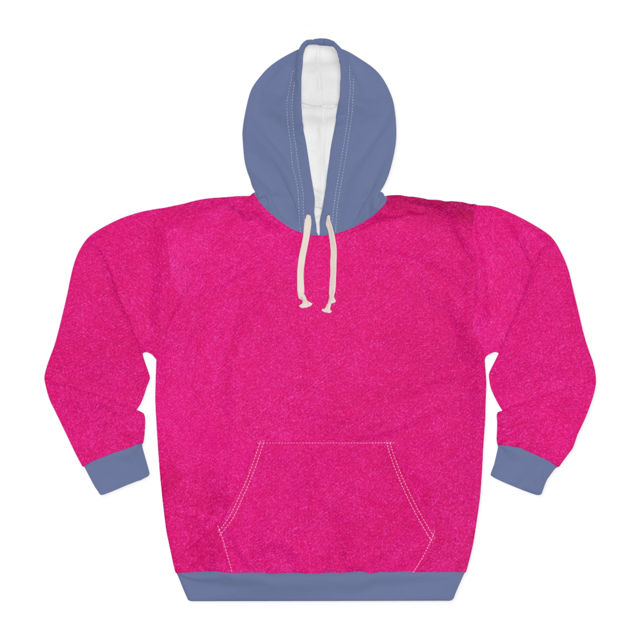 A heather pink pullover hoodie with a contrasting slate blue hood lining, cuffs, and hem, featuring white drawstrings and a front kangaroo pocket.