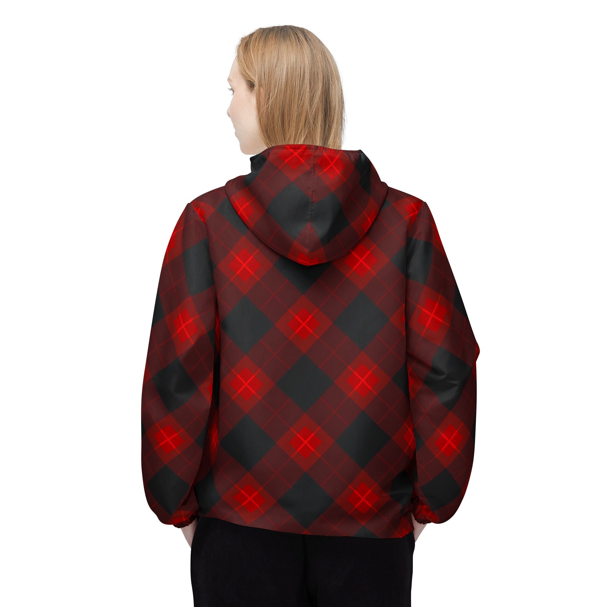 Plaid Windbreaker Jacket — Red & Black Buffalo Check Hooded Windbreaker