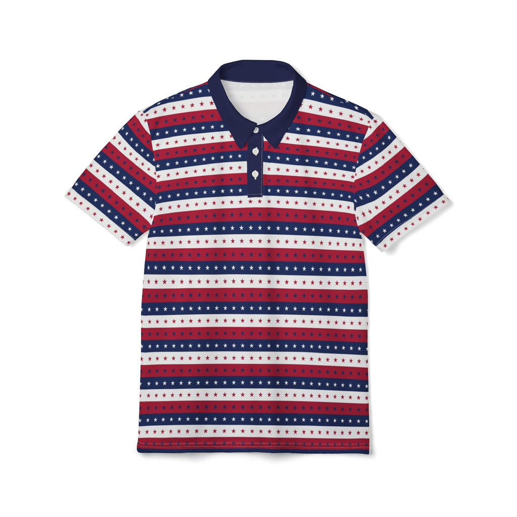 Striped polo shirt with red, white, and blue pattern on a white background