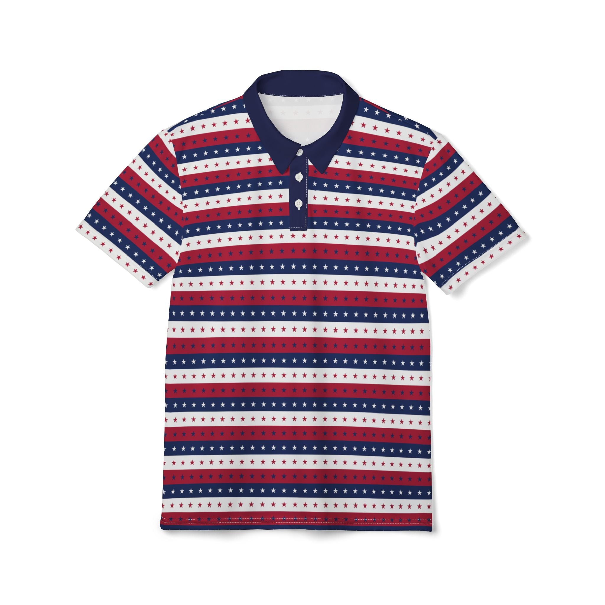Striped polo shirt with red, white, and blue pattern on a white background