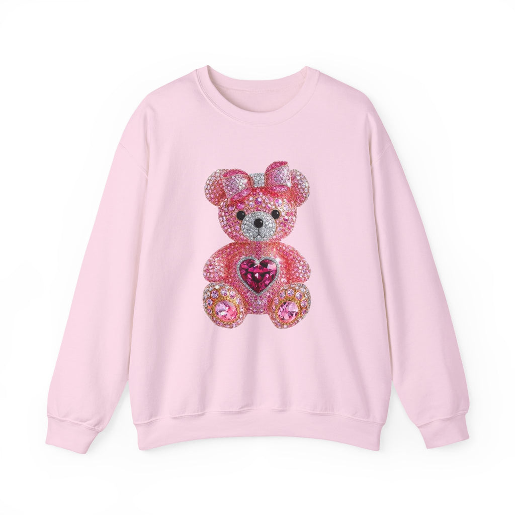 Pink Sequin Teddy Bear Sweatshirt | Heart Patch, Cute Plush Graphic