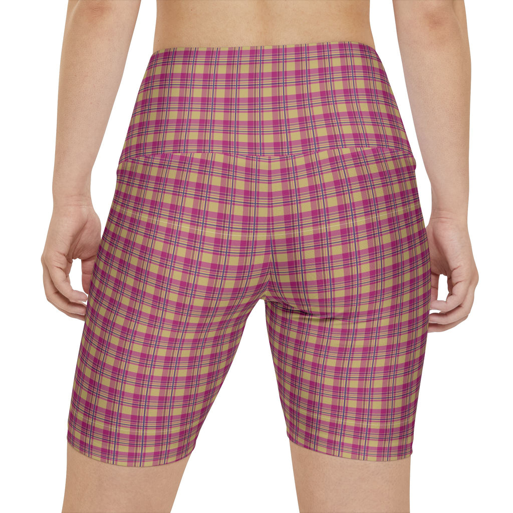 Plaid Pink Women's Workout Shorts — High-Waist Activewear