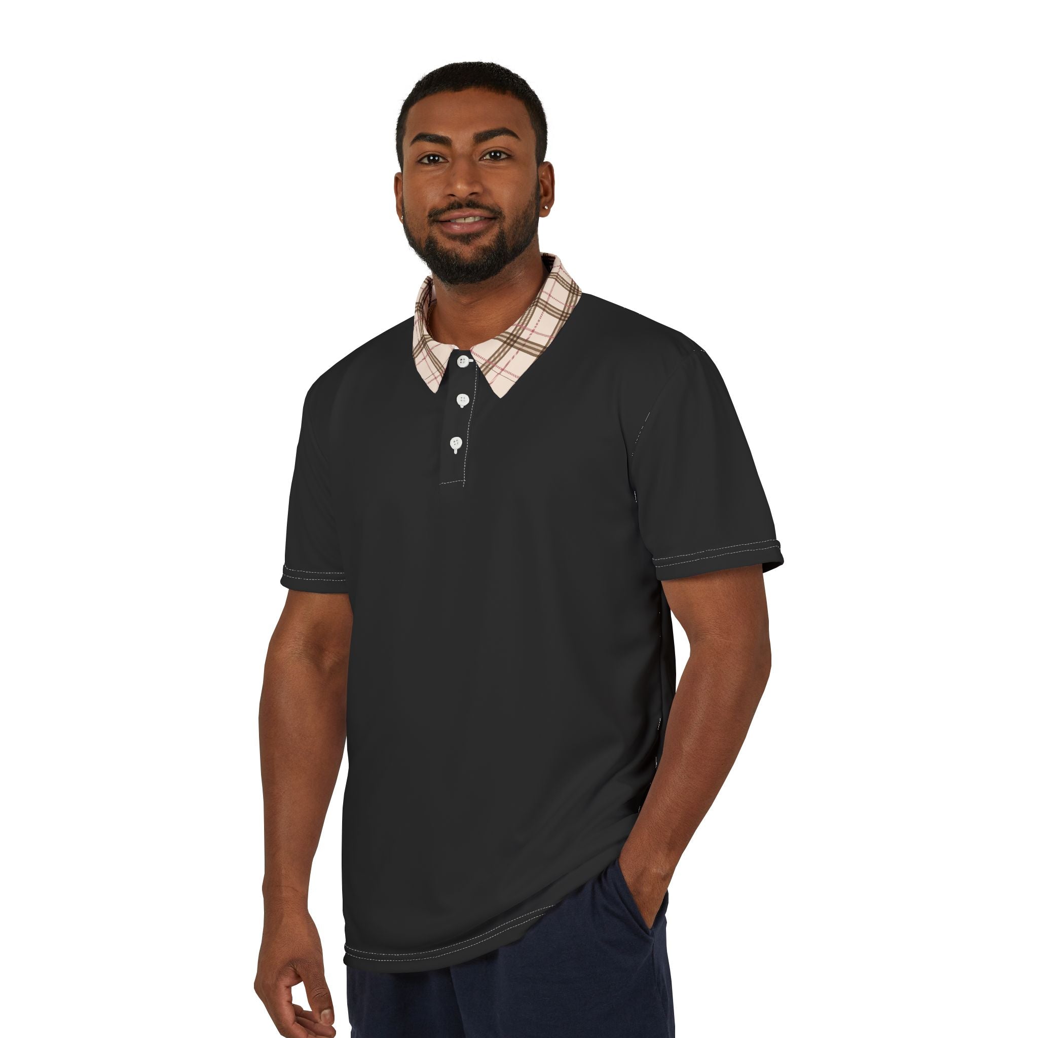 Black Polo Shirt with Beige Plaid Collar — Casual Golf & Smart-Casual Men’s Polo