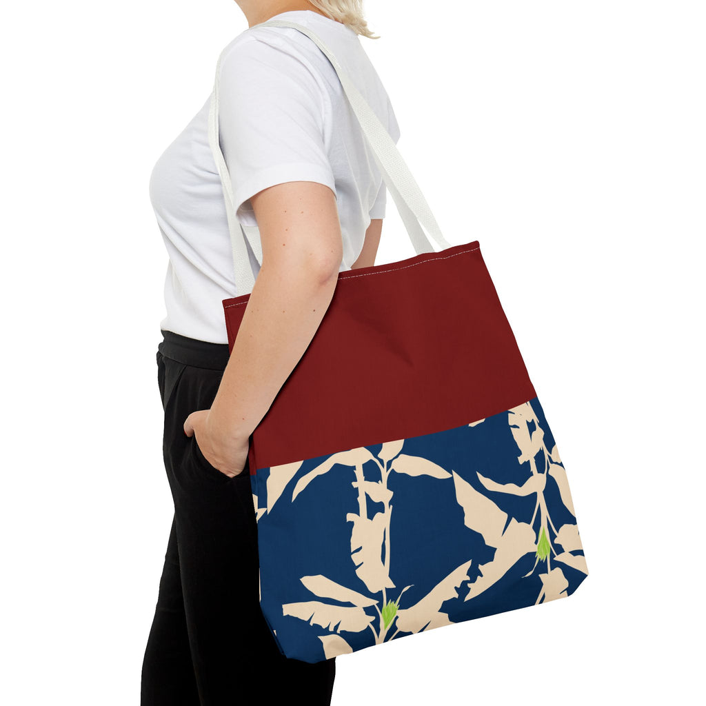 Red Navy Botanical Leaf Pattern Tote Bag