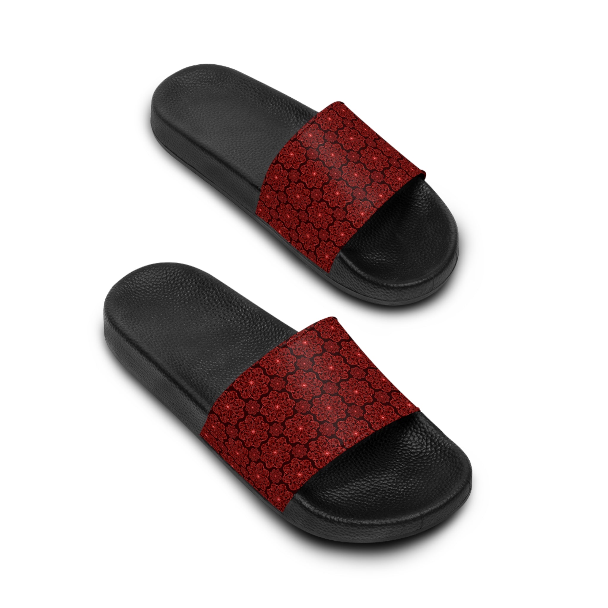 Women's Slide Sandals – Red Floral Mosaic Pattern Comfort Slides