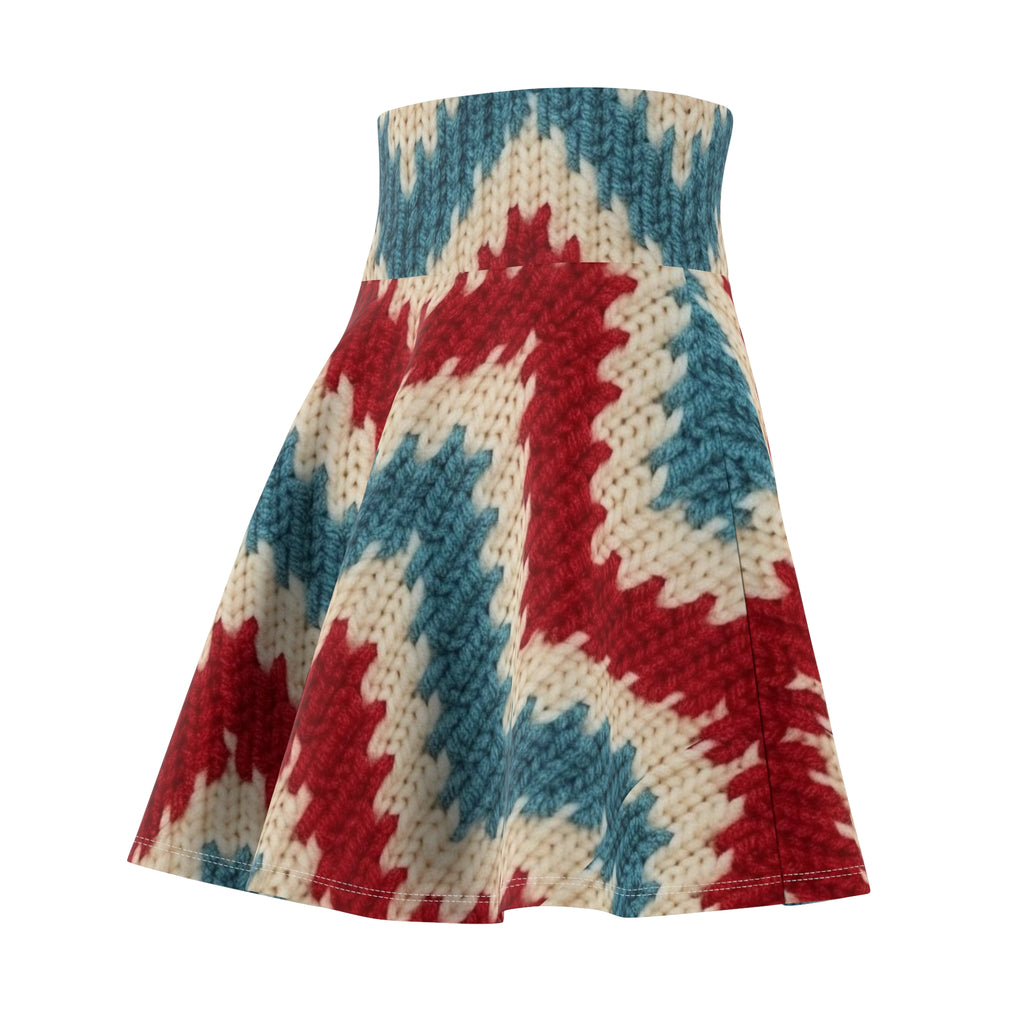 Red Blue Knit Chevron Skater Skirt | All-Over Print
