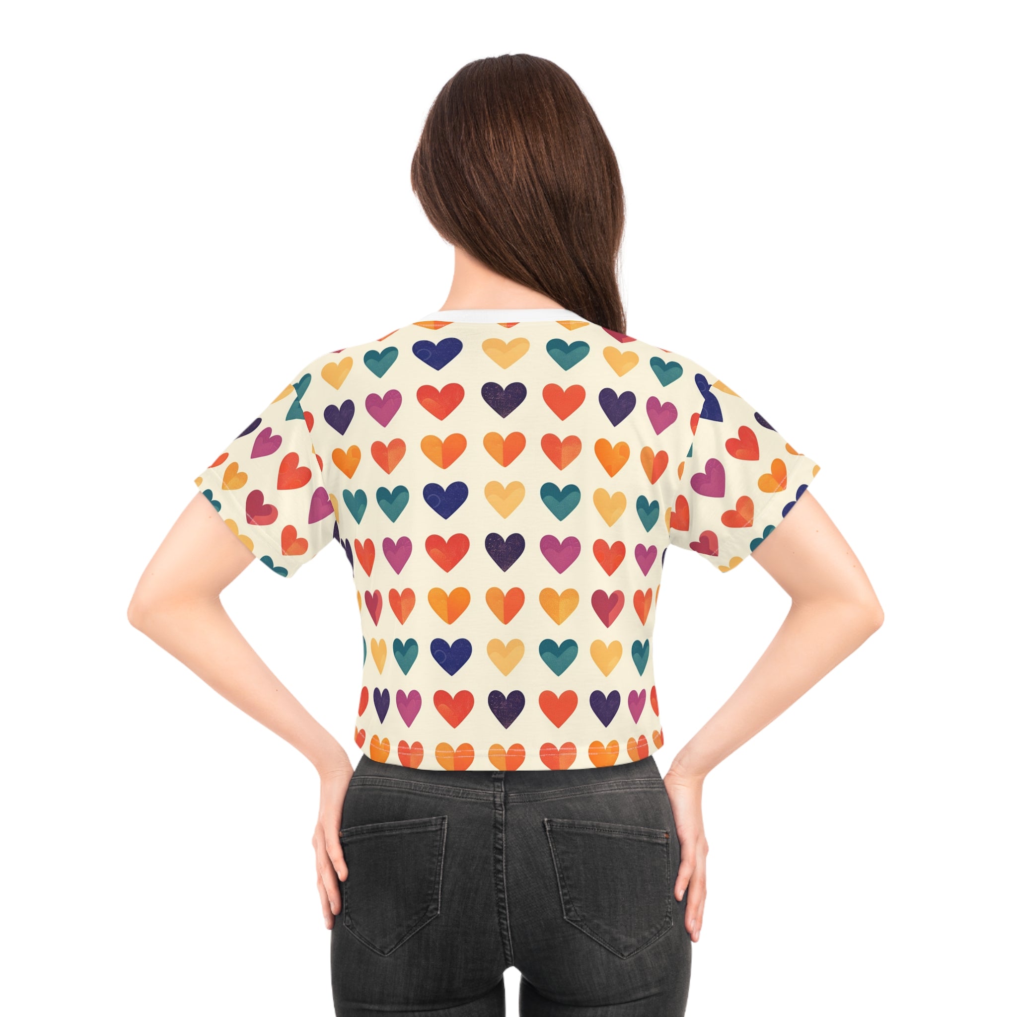 Rainbow Heart Pattern Crop Tee | Colorful Heart Print Top