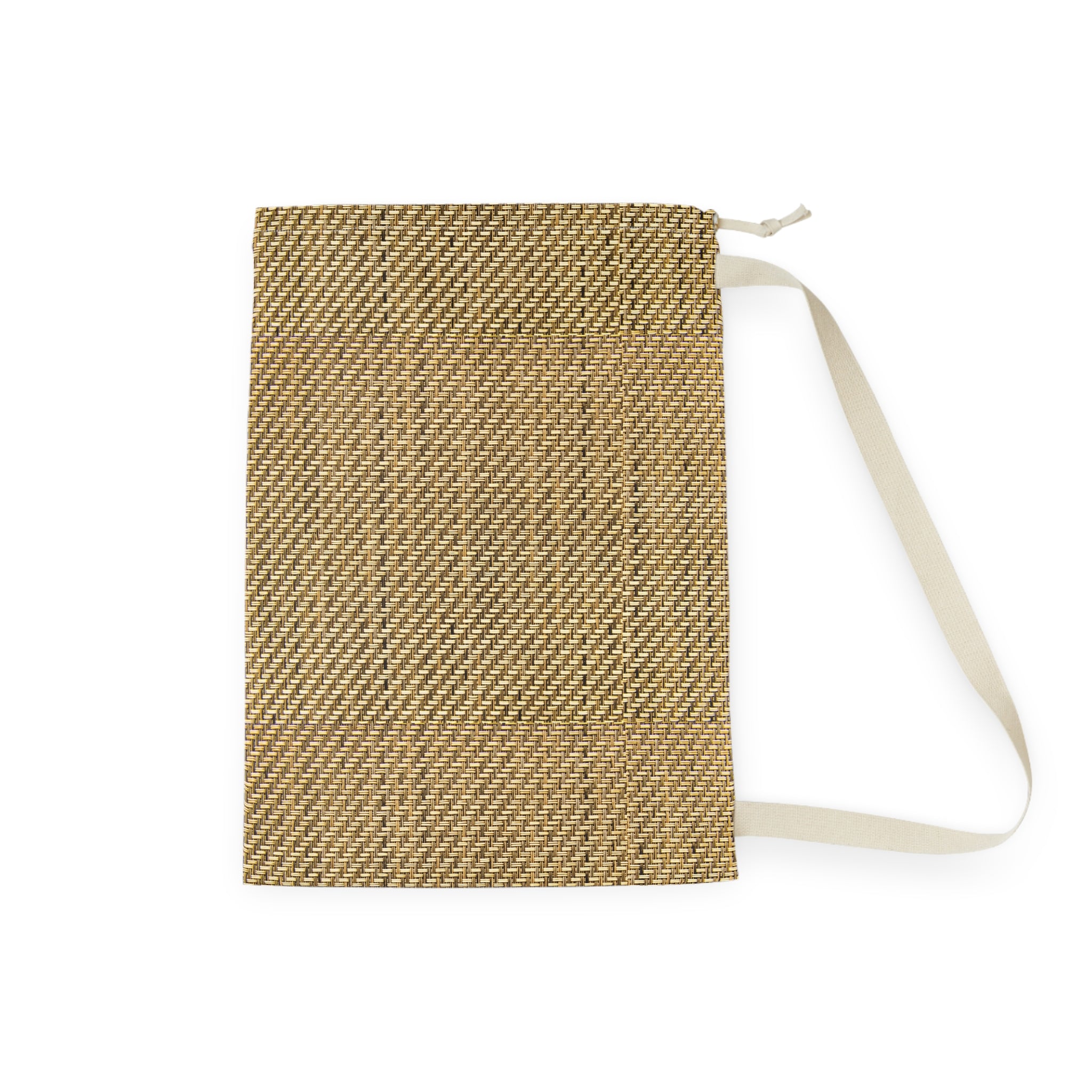 A woven rectangular pouch or small bag in a natural tan and beige textured material, with a light cream strap and zipper pull, shown on a plain white background.