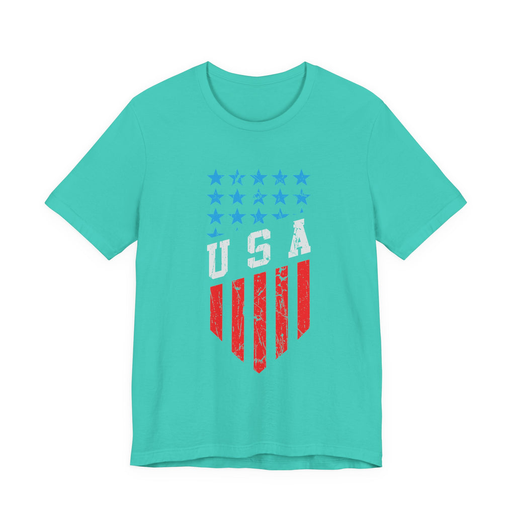 Turquoise t-shirt with USA graphic design on a white background