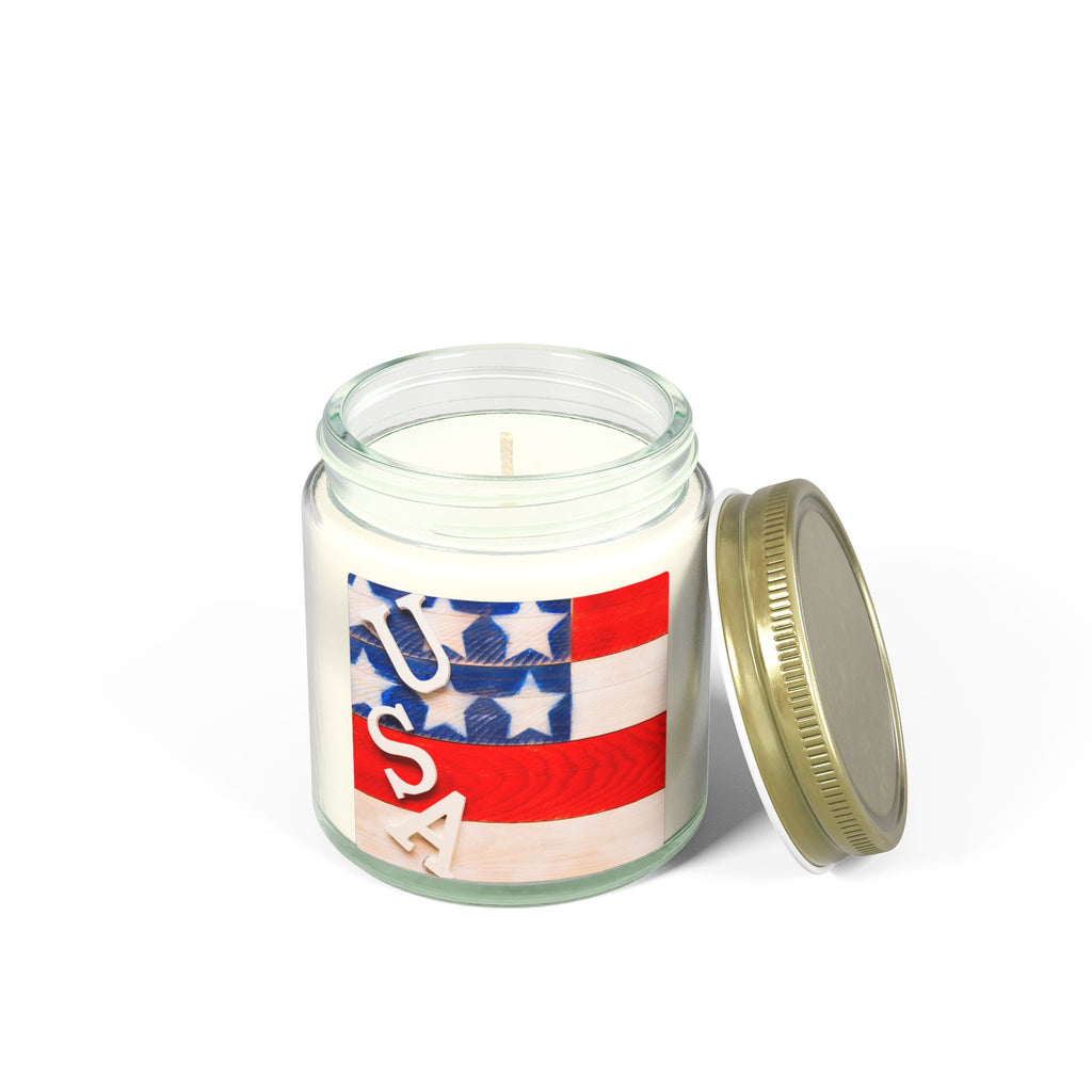 Candle in a glass jar with a USA flag design on a white background