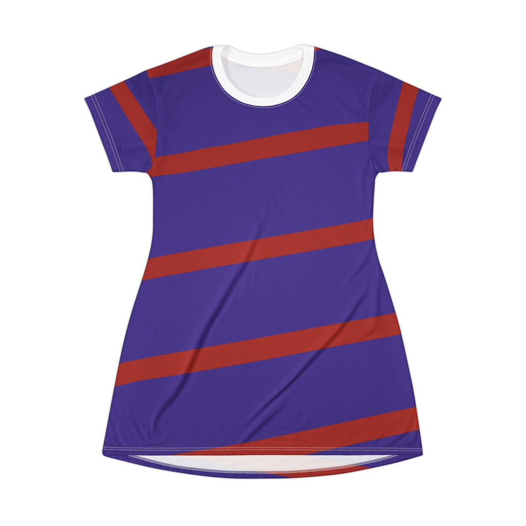 A short-sleeve women's t-shirt dress in purple with diagonal red stripes and a white crew neck, displayed on a solid white background.
