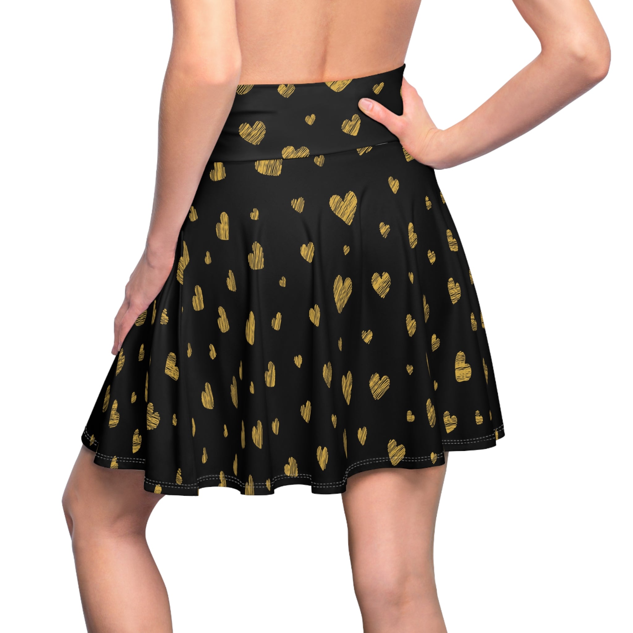 Gold Heart Pattern Skater Skirt | Black Gold Heart Print Skirt