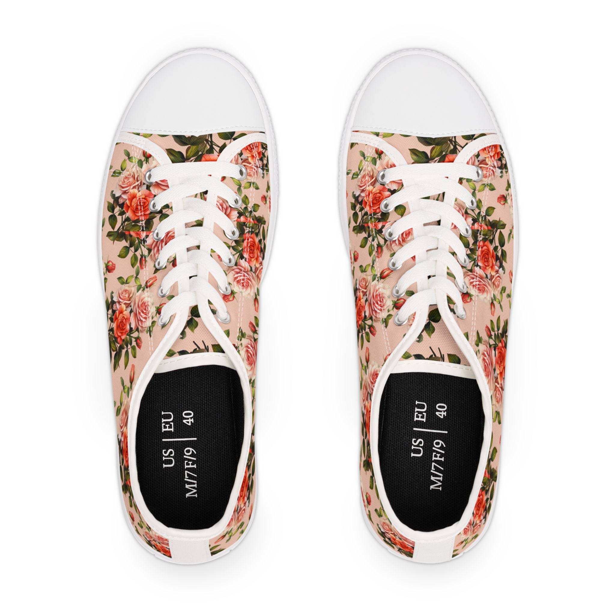 Floral Rose Pattern Women's Low Top Sneakers — Vintage Pink Garden Print