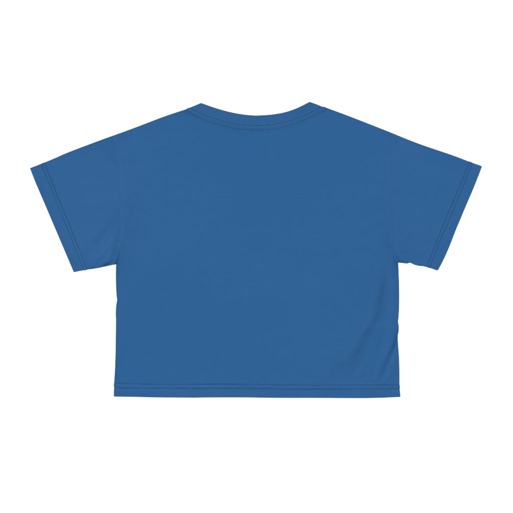 A royal blue short-sleeve crop top shown from the back on a solid white background.