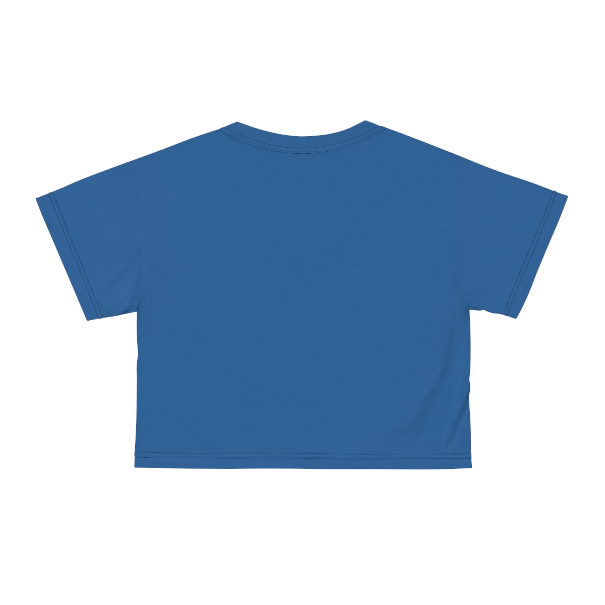 A royal blue short-sleeve crop top shown from the back on a solid white background.
