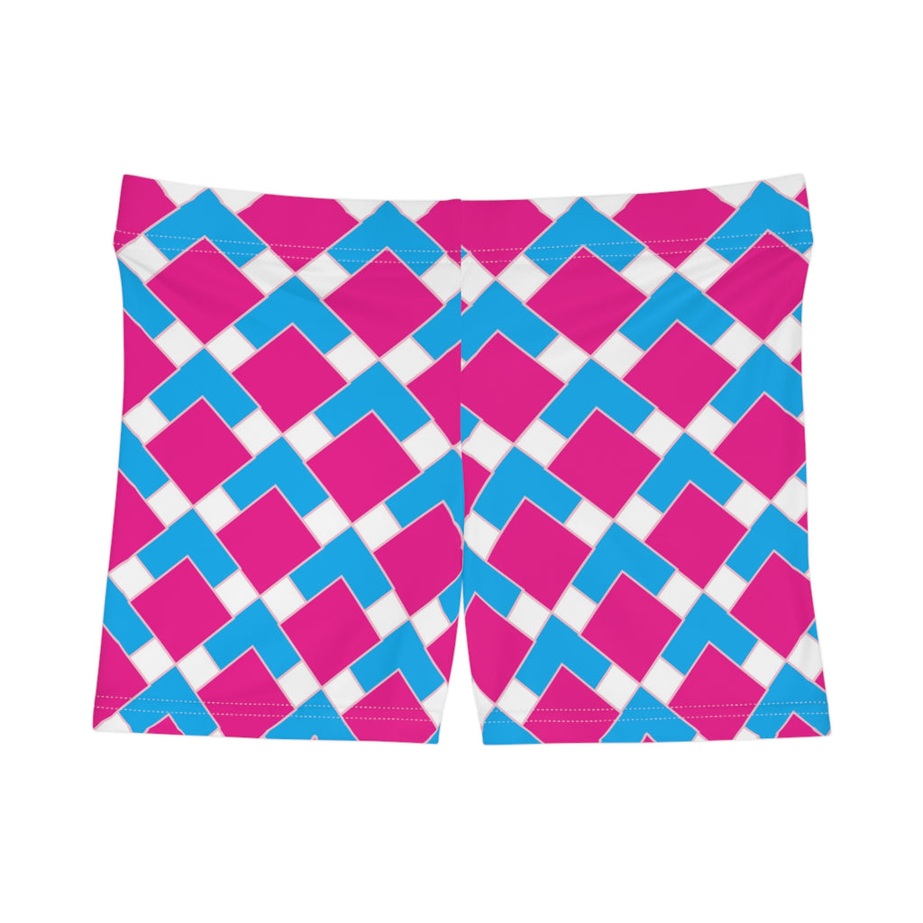 Geometric Pink & Blue Women's Shorts — Bold Checkered Pattern Activewear