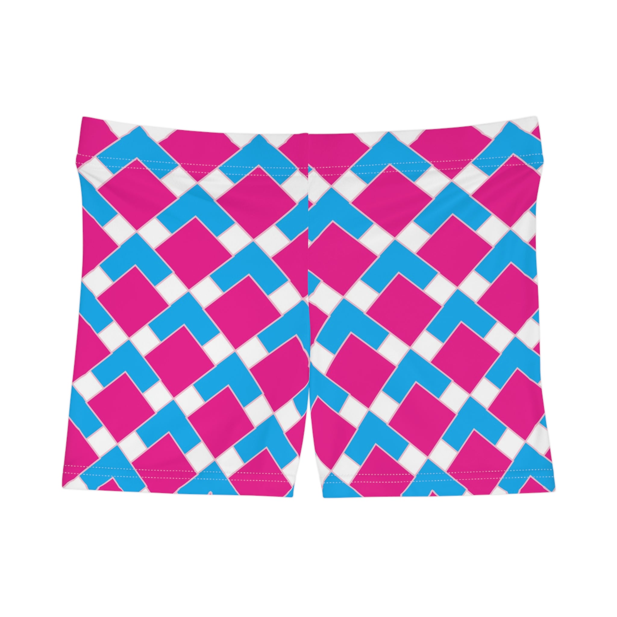 Geometric Pink & Blue Women's Shorts — Bold Checkered Pattern Activewear