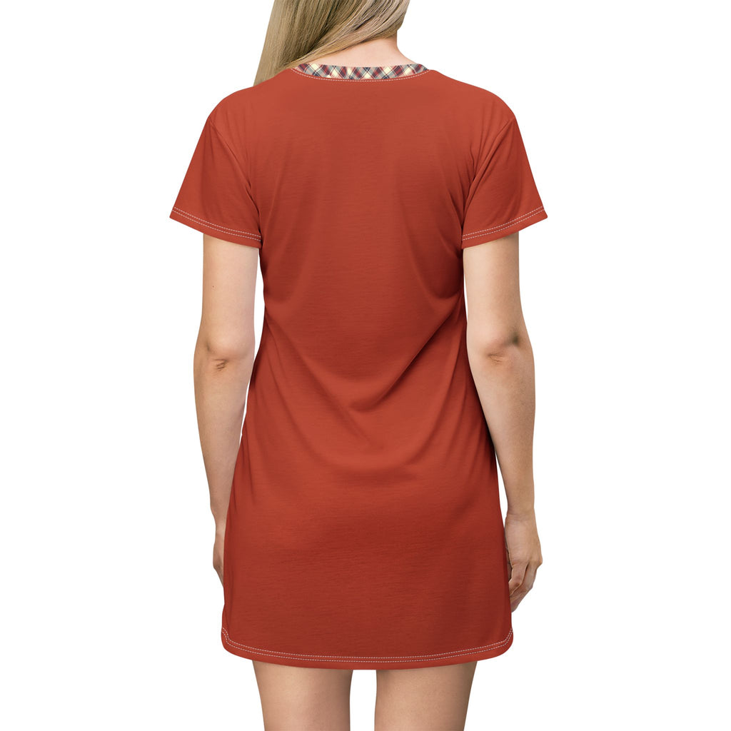 Rust Plaid Trim T-Shirt Dress — Casual A-Line Tee Dress