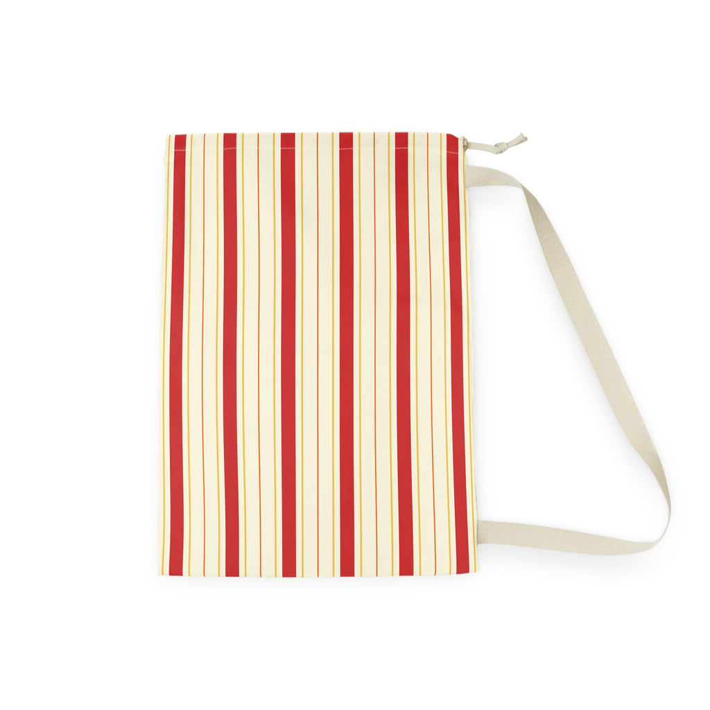 A rectangular fabric pouch with a vertical stripe pattern in red and cream, featuring a cream-colored strap and zipper pull, shown on a plain white background.