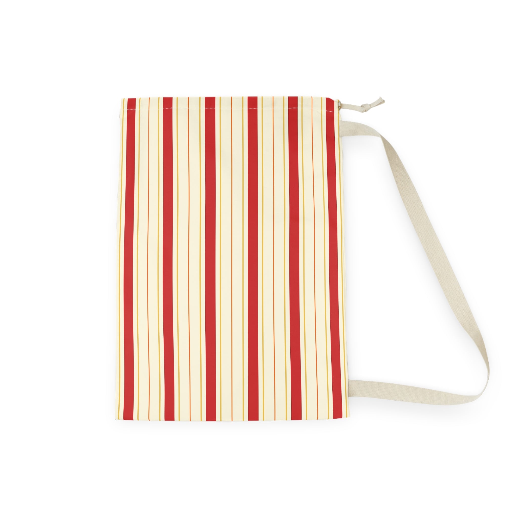 A rectangular fabric pouch with a vertical stripe pattern in red and cream, featuring a cream-colored strap and zipper pull, shown on a plain white background.