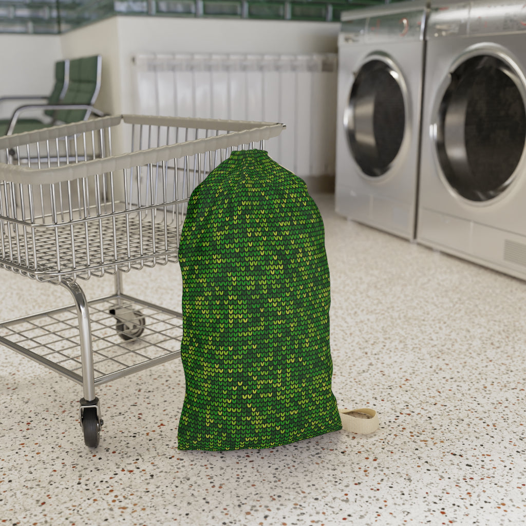 Green Knit Pattern Laundry Bag — Drawstring Travel & Storage Sack