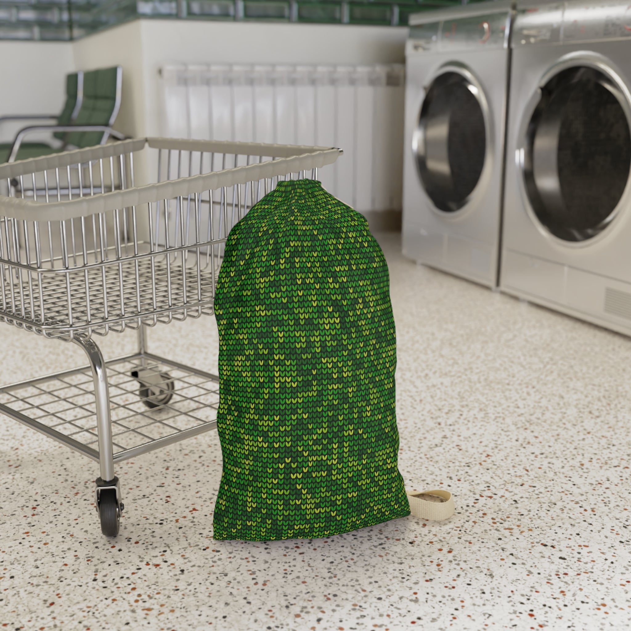 Green Knit Pattern Laundry Bag — Drawstring Travel & Storage Sack