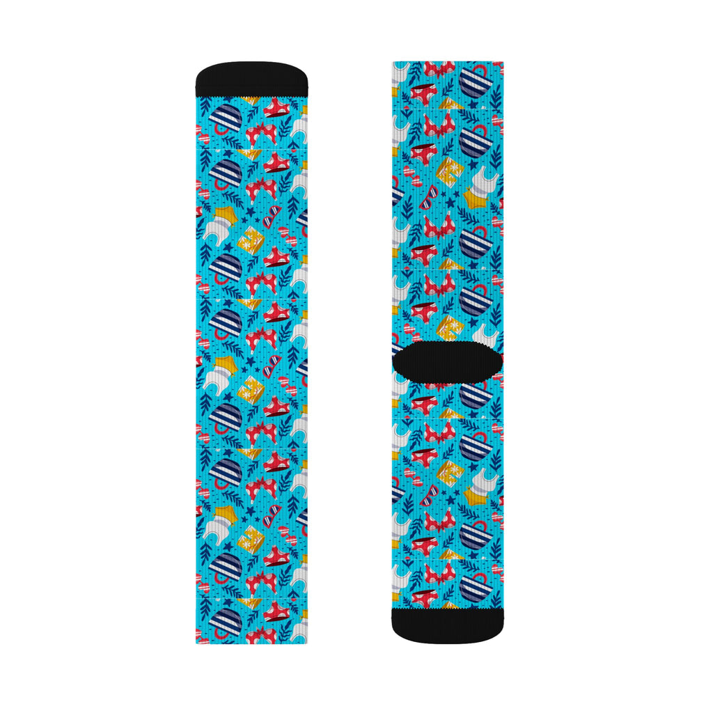 Blue Tropical Flamingo Socks – Sublimation Crew Socks with Palm Leaves & Hibiscus Print