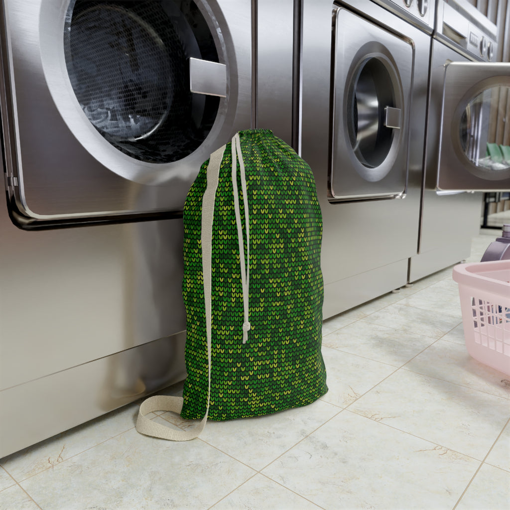 Green Knit Pattern Laundry Bag — Drawstring Travel & Storage Sack