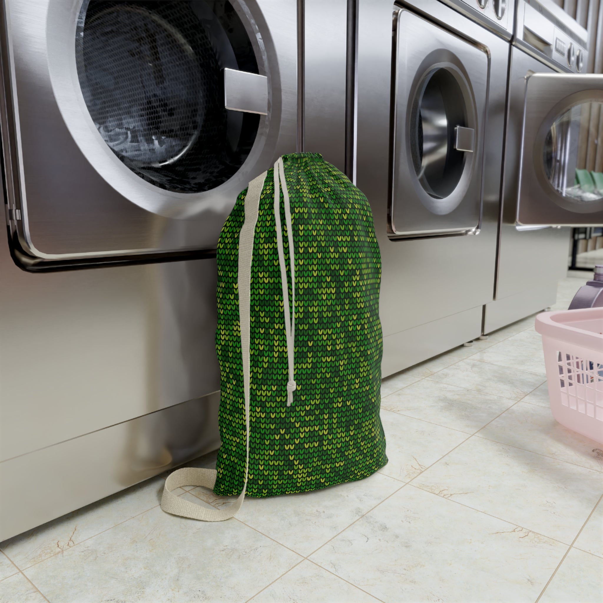 Green Knit Pattern Laundry Bag — Drawstring Travel & Storage Sack