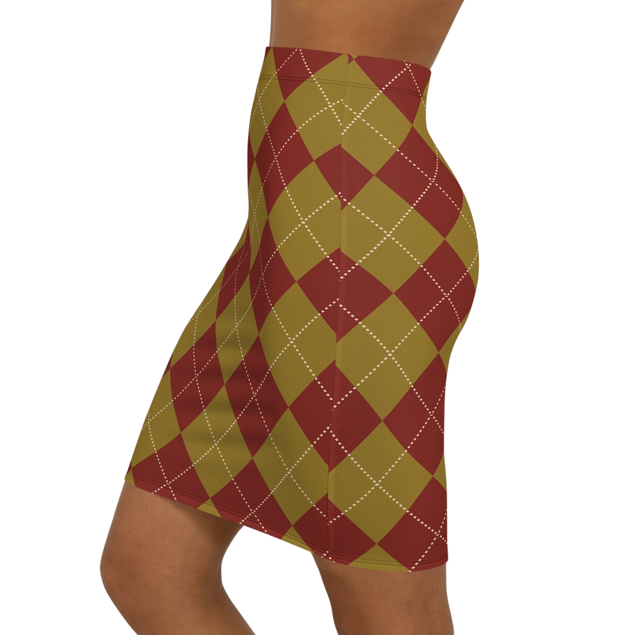 Maroon Olive Argyle Pencil Skirt | Plaid Pattern