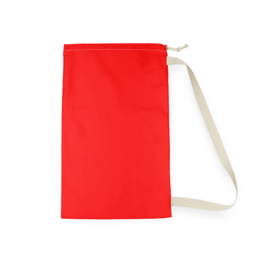 A bright red drawstring pouch with a cream-colored shoulder strap, shown flat against a solid white background.
