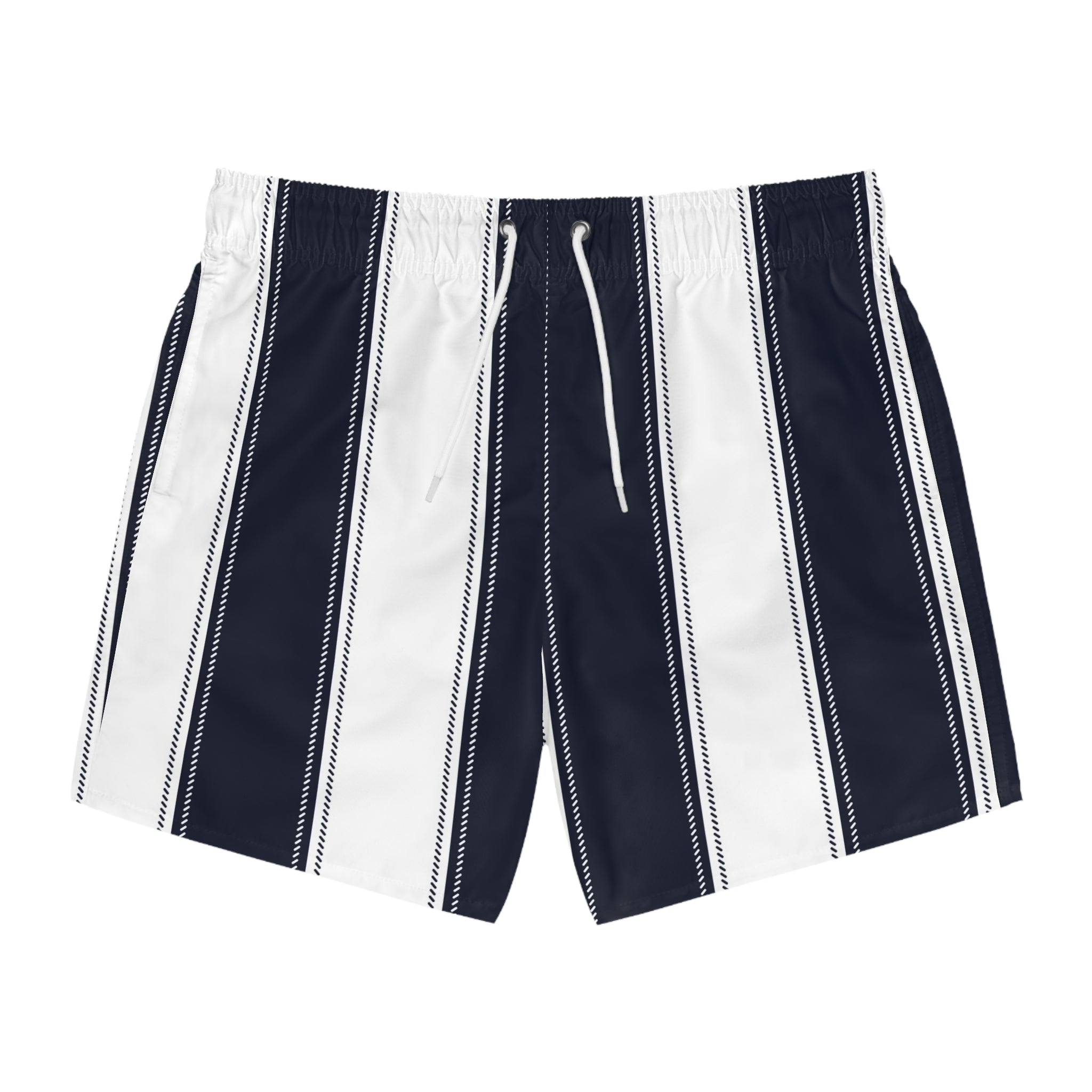 Men's Navy & White Vertical Stripe Swim Trunks — Classic Coastal Beach Shorts