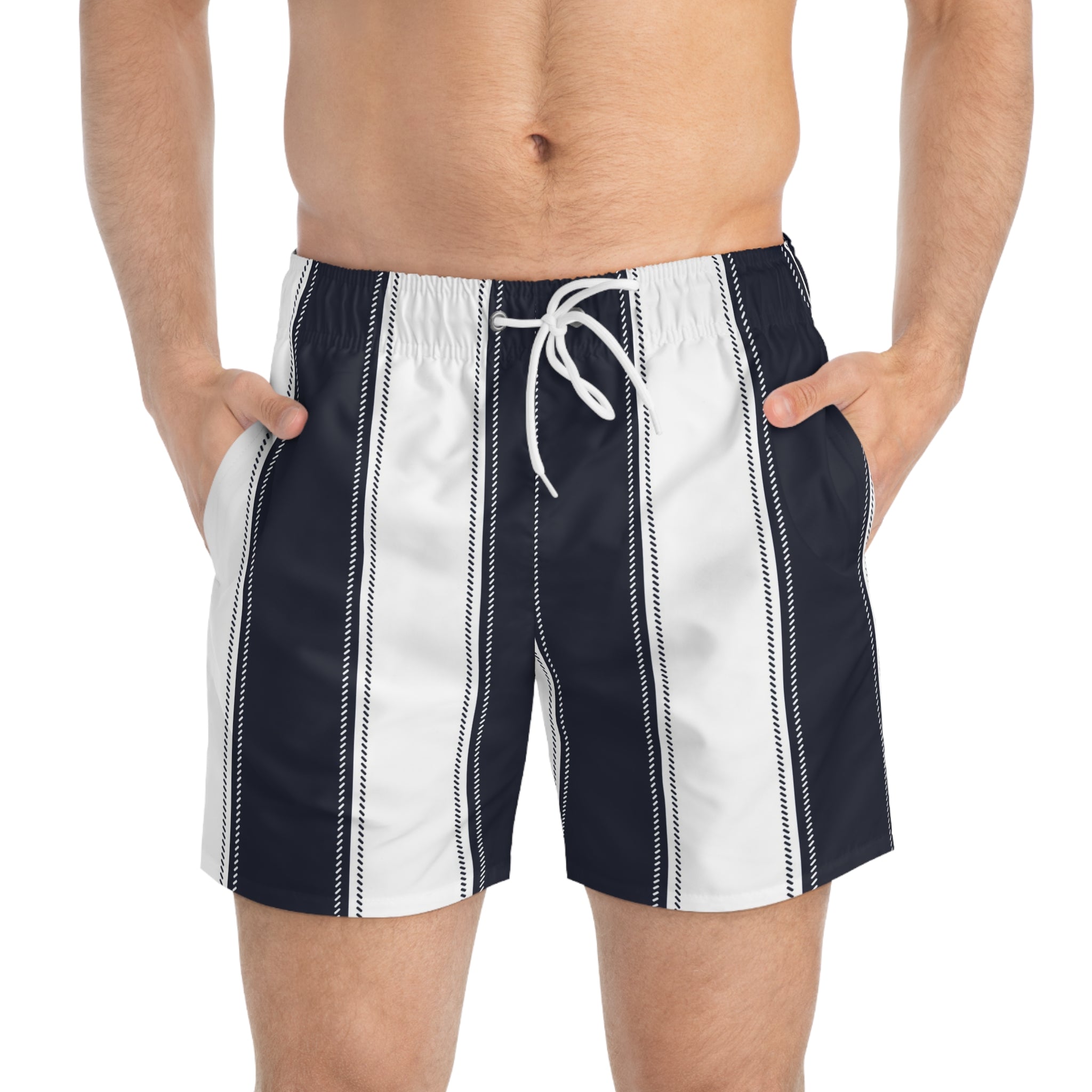 Men's Navy & White Vertical Stripe Swim Trunks — Classic Coastal Beach Shorts