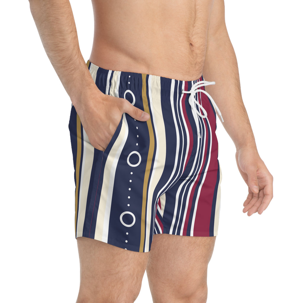 Striped Retro Swim Trunks – Navy, Crimson & Gold All-Over Print