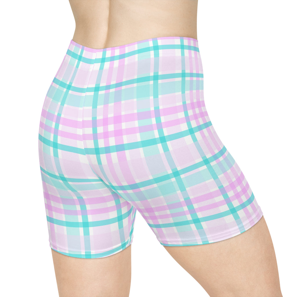 Pastel Plaid Biker Shorts — Mint & Lavender Plaid Activewear