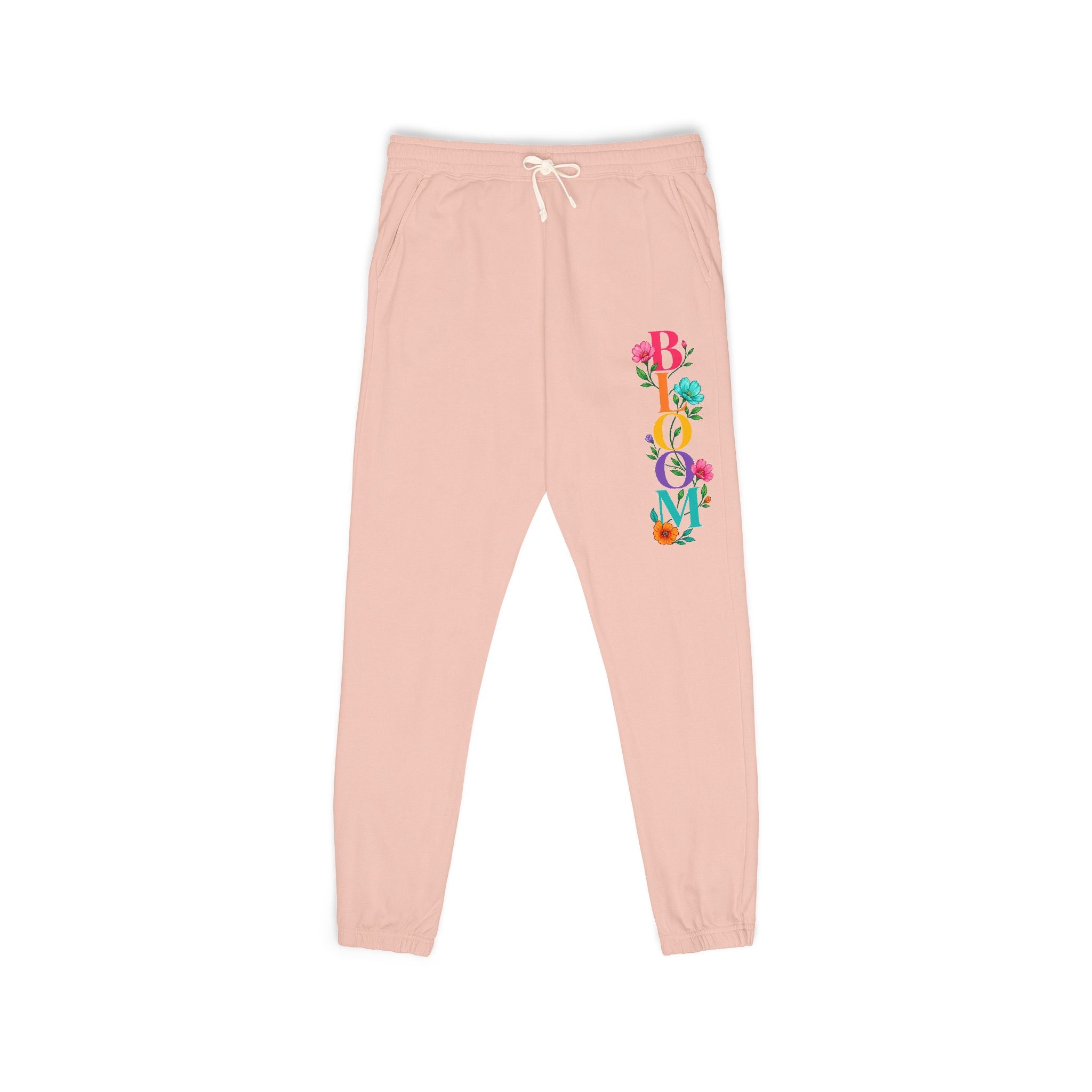 Pink sweatpants with colorful 'Beloved' design on a white background