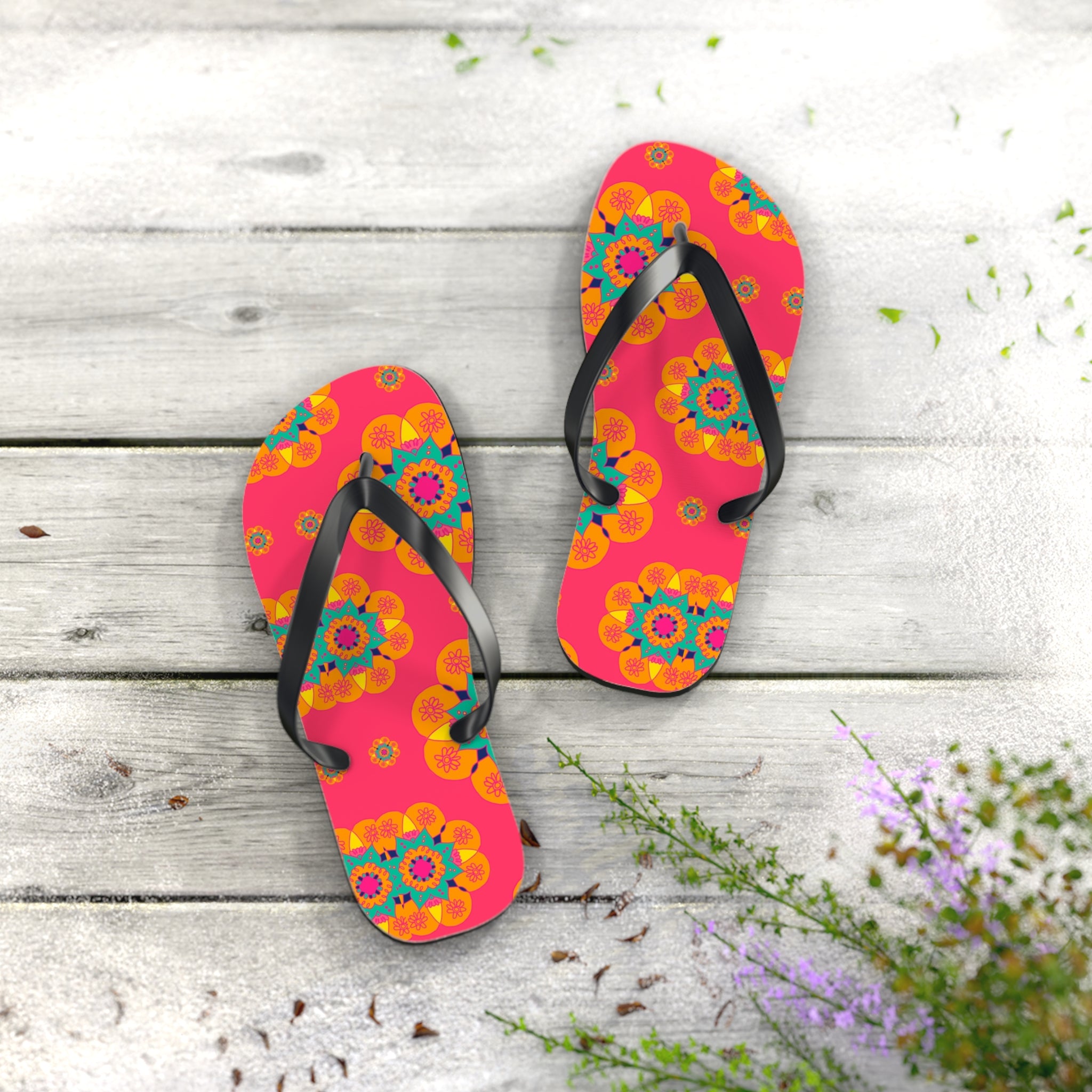 Floral Mandala Flip Flops – Bright Pink Tropical Beach Sandals