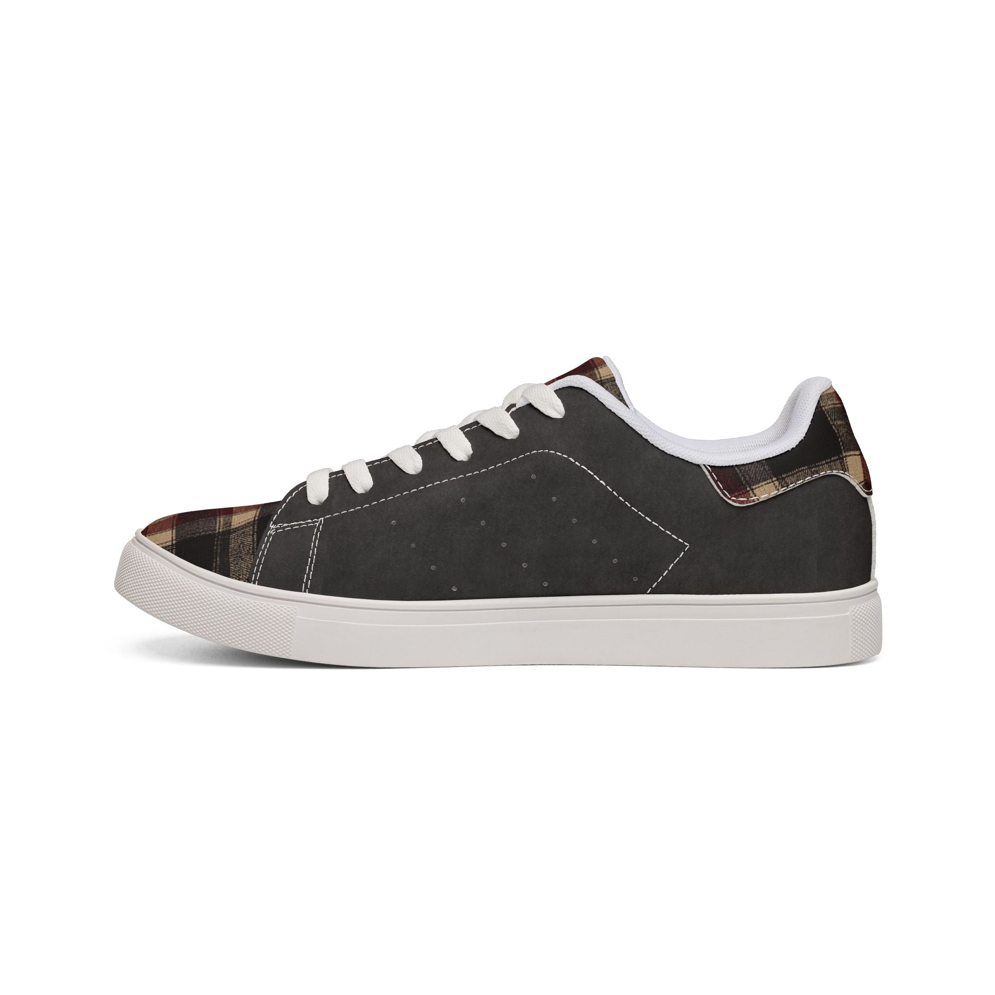 Leather Low-Top Sneakers — Plaid Accent Casual Men’s Shoes